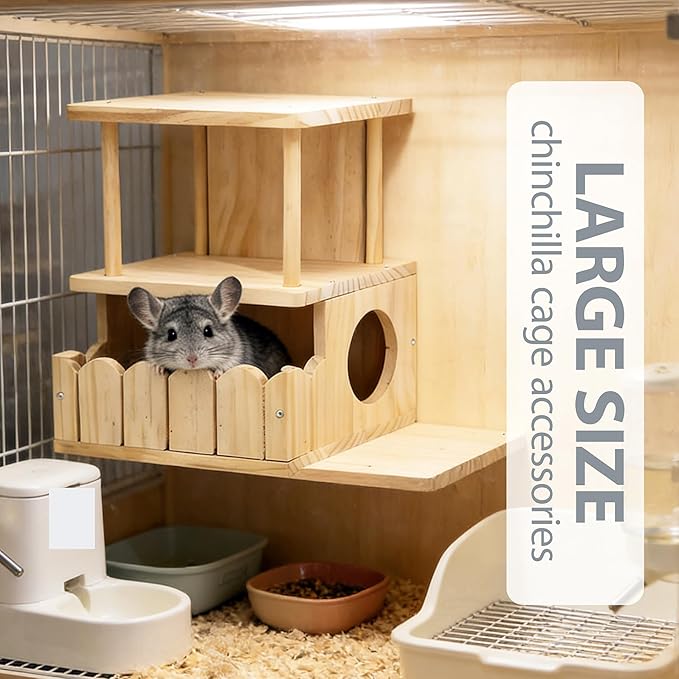 Chinchilla Hideout Wooden Hides for Guinea Pigs, Small Animal Nature Wood House Chinchilla Cage Accessories for Hamster, Squirrel, Sugar Gliders etc (2-Layer)