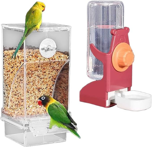 Clear View Bird Feeder and Water Dispenser Set with Detachable Trays for Finches, Parrots ABS Construction 2PC Large Capacity Treat Dispenser