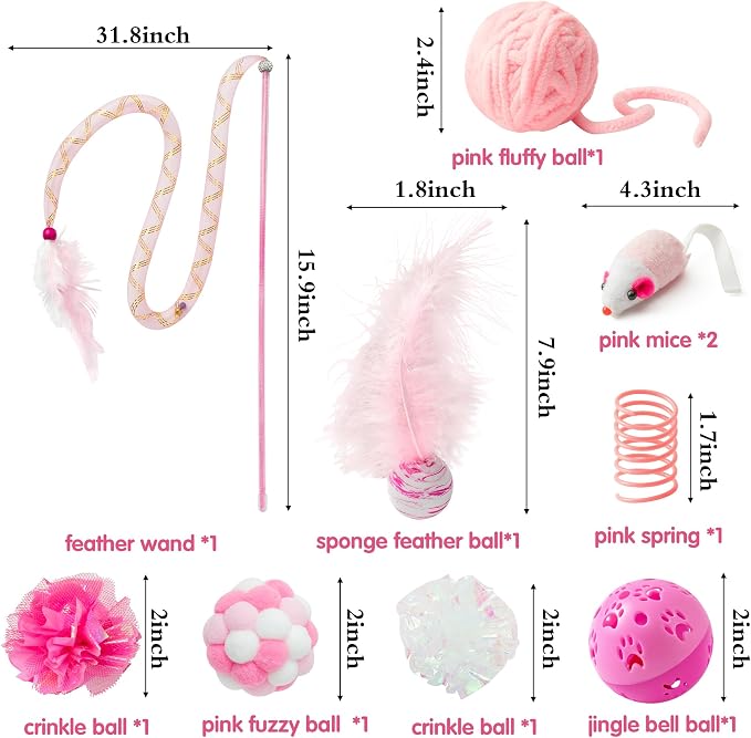 MALLMALL6 10Pcs Cat Toy Set Interactive Cat Toys Pack Including Feather Teaser Wand Cat Springs Mice Crinkle Balls and Pet Bell Balls, Puzzle Toys for Indoor Cats Gift (Pink) - Image 2