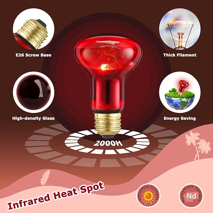 75W Red Infrared Basking Spot Light Bulbs for Reptiles & Amphibians, Heat Lamp for Bearded Dragons, Turtles, Snakes, Chicks, Terrarium Heating and Brooder Warmth, 2 Pack