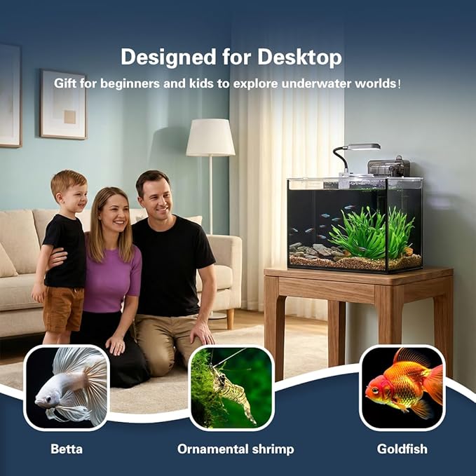 Betta Fish Tank,Aquarium Starter kit,2.8 Gallon Fish Tank Kit,Small Aquarium,Small Fish Tank,Ultra-Clear Nano Aquarium with Light,Filter,Cobblestone,Sand and Artificial Plants