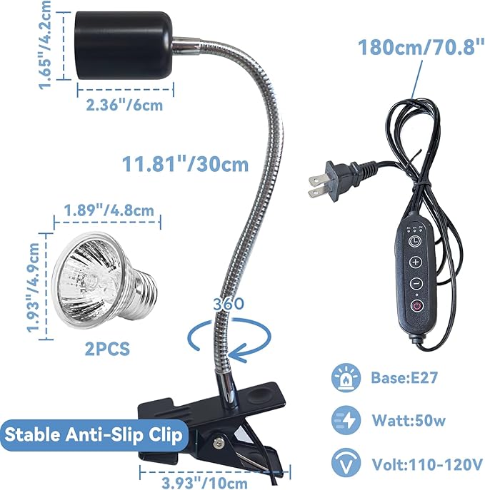 BNOSDM Reptile Heat Lamp, UVA UVB Light for Aquarium Turtle Tank, Reptile Lamp Fixture with 2 * 50W Basking Light and 360° Rotatable Timing & Dimming, Tortoise Heat Lamp for Turtle Lizard Snake Chick