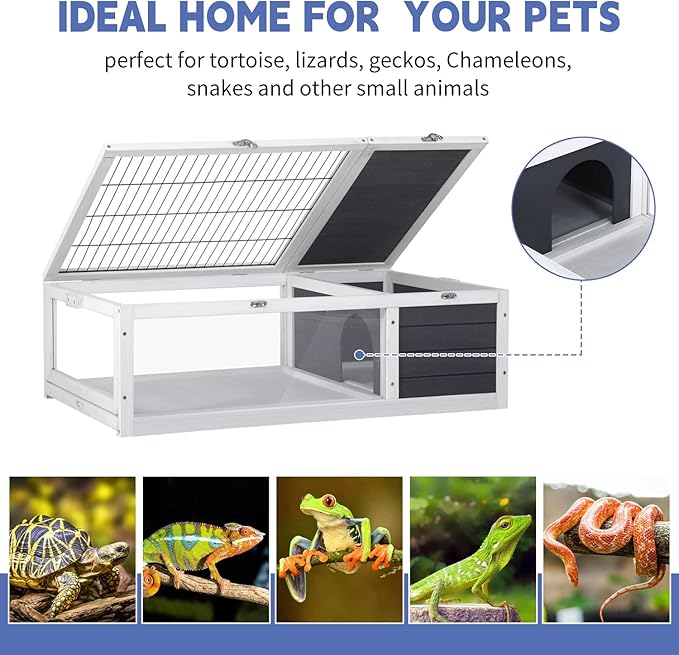 Tortoise Habitat, Large Wooden Box Turtle Enclosure with Removable Tray, Indoor Outdoor Tortoise House Reptile Cage for Small Animals,Easy to Assemble