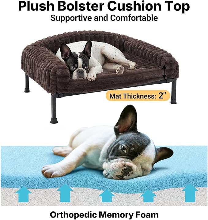 Veehoo Elevated Dog Bed with Bolster Cushion, Fluffy Plush Dog Couch Beds for Small Dogs, Cats, Washable Raised Pet Cot with Non-Slip Feet for Indoor or Patios Use, 36 x 28 Inches, Brown