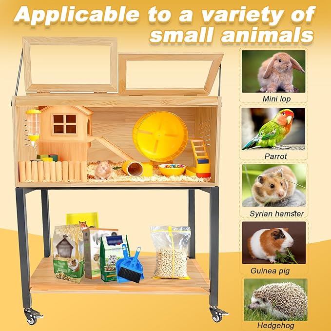 Hamster Cage with Storage, Wooden Hamster Cage, Pine, Guinea Pig Cages, 31.5"L x 15.7"W x 38.0"H, 2 Tiers Movable Large Hamster Cages with Storage Shelf for Guinea Pig, Chinchilla, Rat, Bunny, etc.