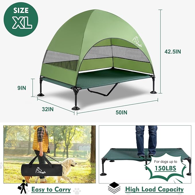 Upgraded Elevated Dog Bed with Canopy, Portable Raised Outdoor Dog Bed with Stable Anti-Slip Feet, Wider Shade Pet Bed Cot, Raised Pet Beds for Large Pets Camping, Indoor & Outdoor Use
