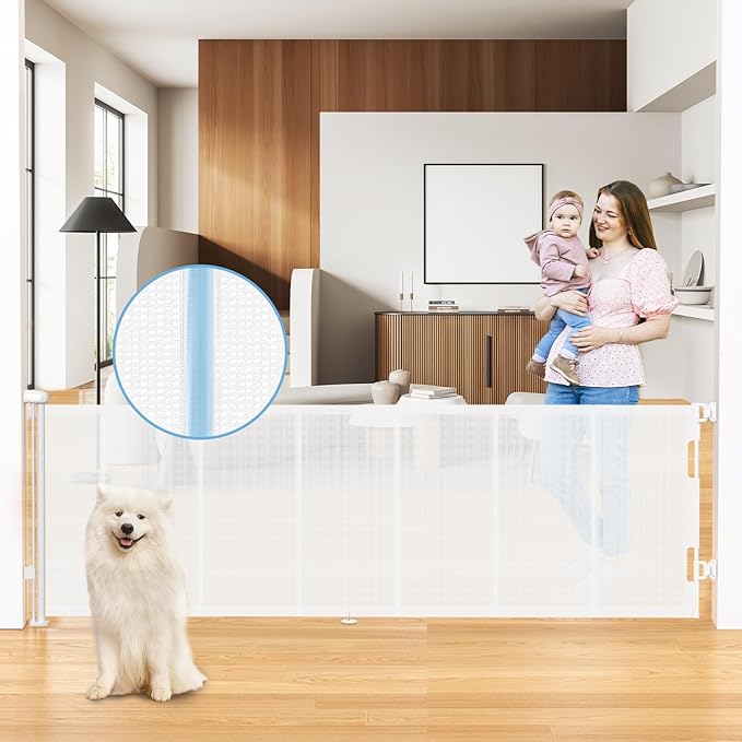 HAMOPY 120 Inch Reinforced Strip Extra Wide Retractable Baby Gate, 33" Tall, Prevent Crawling Through, Wide Extra Long Child Safety Gate for Indoor Baby Fence, Outdoor, Stairs, Deck(White)