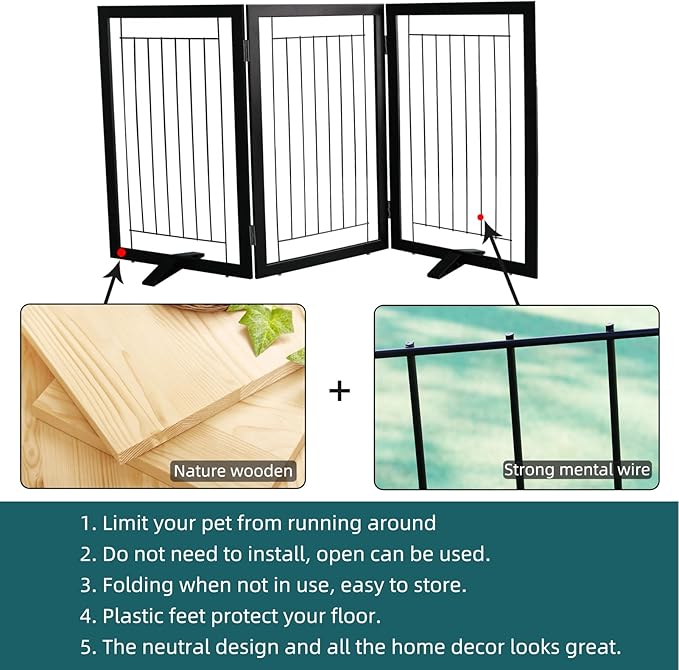 ZJSF Freestanding Dog Gate Indoor, Foldable Dog Fence for Doorways,Hallways or Stairs, Sturdy Wood Extra Wide Pet Gate with Support Feet,Black,32 "Height-3 Panels