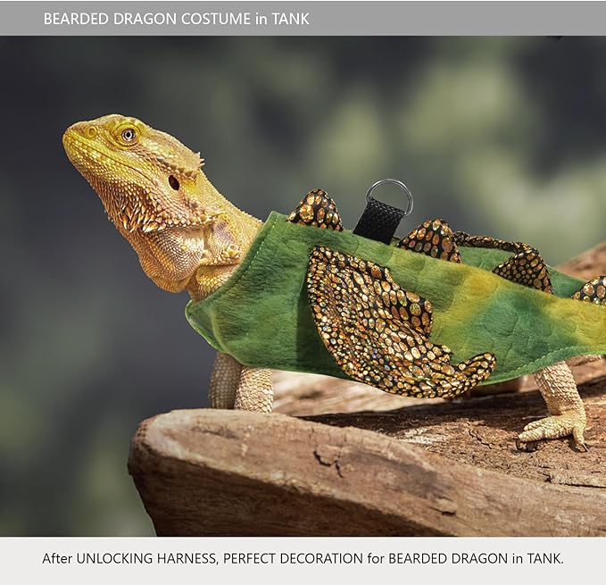 Bearded Dragon Leash and Harness Set, Beardie Carrier, Lizard Adjustable Harness with Leather Wings and Sling Bag, Reptile Small Pet Backpack Batwing Accessories (Green)