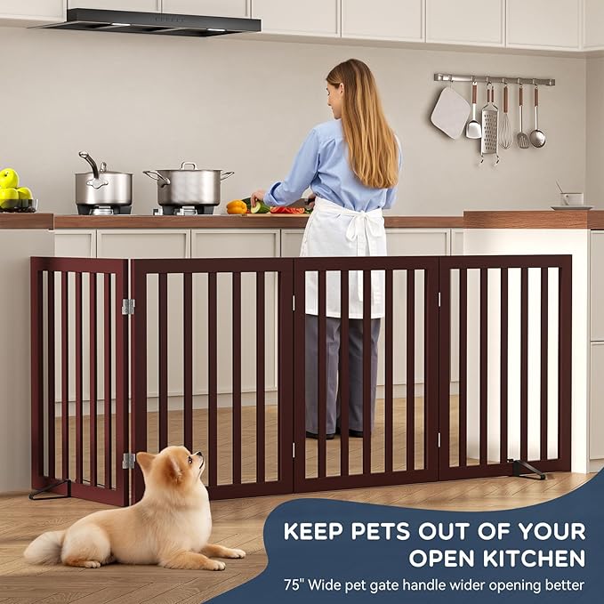 Homykic Bamboo Freestanding Dog Gate, No Assembly Pet Gate Indoor, 24”H x 75”W Extra Wide Foldable Puppy Fence with Support Feet for the House, Doorways Stairs, 4 Panels, No Drilling, Espresso