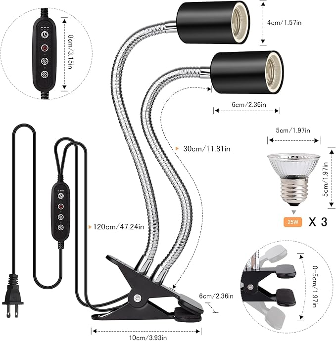 Reptile Heat Lamp, Double-Head Reptile Light Timer, UVA UVB Reptile Light with Clamp for Tortoise, Leopard Gecko, Bearded Dragon, Lizards and More, E26/27 Base with 3 Bulbs