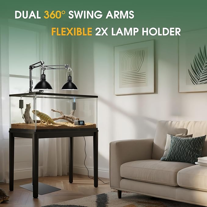 MECESOR Dual Reptile Lamp Stand,15.7-74.3 Inch Height Adjustable Reptile Light Stand,360° Sewing Flexible Arms,Heat Lamp Stand for Reptiles Tank,Terrariums,Amphibian Cages&Plants