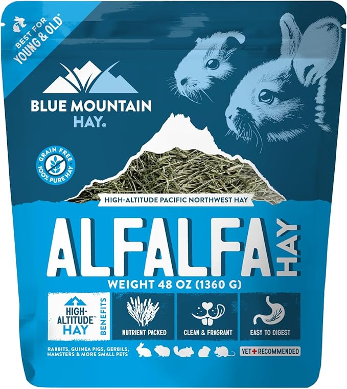 Blue Mountain Hay High-Altitude Organic Alfalfa Hay (48 oz), High Protein Fiber & Mineral Rich, Soft Leafy Texture with High Leaf Retention, Premium Quality Feed for Small Pets and Farm Use