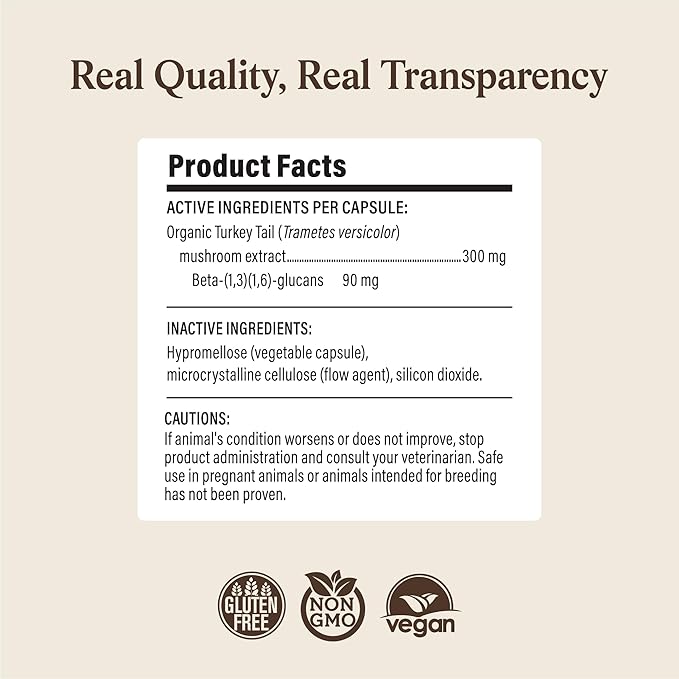 Real Mushrooms Turkey Tail Capsules for Pets –Cat Probiotics & Dog Vitamins – Organic Mushroom Supplement for Dogs & Cats – Supports Daily Balance & Well-Being Non-GMO, 90 ct