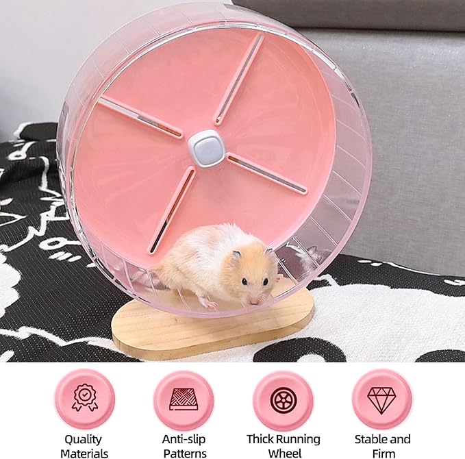 Silent Hamster Wheel,10.2 Inch Quiet Spinner Syrian Hamster Running Wheel,Anti-Skid & Adjustable Stand for Gerbils, Rats, or Other Small Pets,Pink