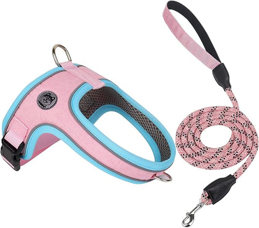 Dog Harness and Leash Set, No Pull Saddle Style Pet Harness, Breathable Mesh Adjustable Reflective Dog Vest for Dogs and Cat Medium Small Harness 2 D-Rings (Pink, S)