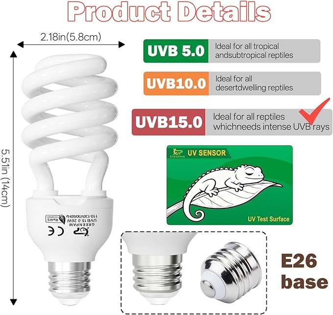 UVB Light for Reptiles 15.0: 26W UVA UVB Reptile Light Bulb for Intense Desert Species - Reptile UVB Light Terrarium Compact Fluorescent Lamp for Reptile and Amphibian with Free UV Sensor Card