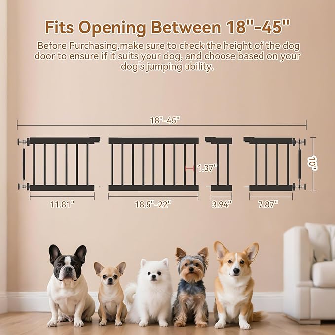 Short Dog Gate,18"-45" Adjustable Extra Wide Metal Dog Gate to Step Over, 10" Tall Small Pet Gate with 3 Extension Kits for Doorway、Stair.