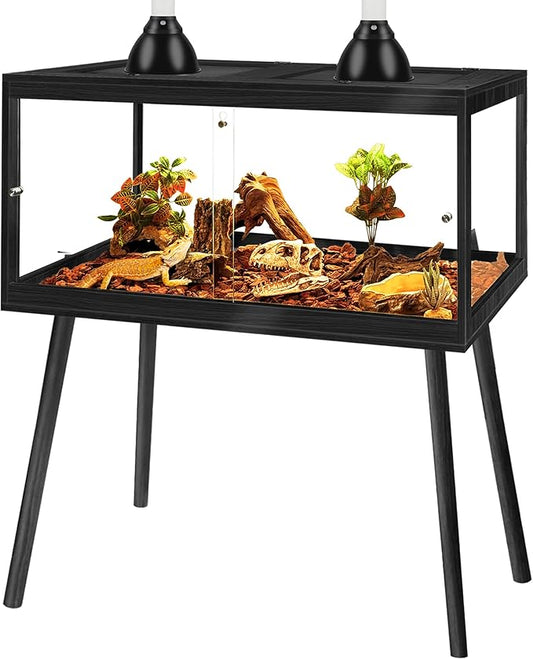 PROLEE Bearded Dragon Tank with Leg, 34 Gallon Tempered Glass Lizard Tank, Reptile Enclosure with Metal Mesh and Lockable Door, Reptile Tank for Snakes,Chameleon (Black, 32x15.5x15.5 Inch)