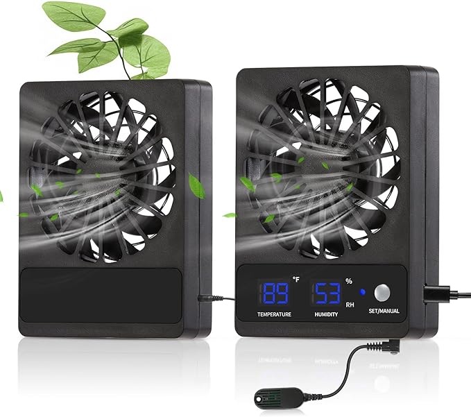Reptile Ventilation Fan with Hygrometer & Temperature Display, Auto Adjusting Humidity & Temperature, for Aquariums & Insect Tanks, 2-Pack