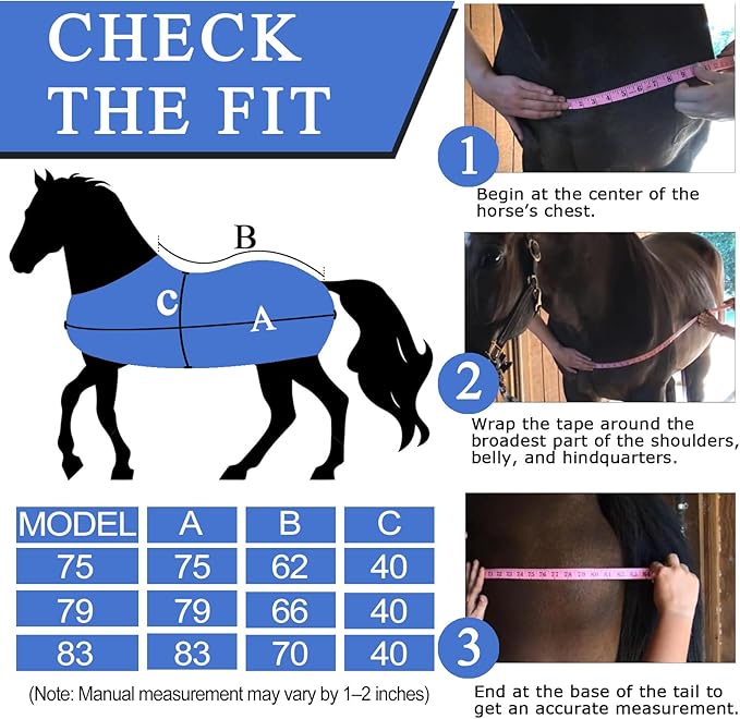 Horse Blankets Winter for Real Horses, 1600D Waterproof Poly Rain Sheets 75 Inch with Neck Cover Belly Wrap Tail Wrap Turnout Blanket, Horses Stuff Care Medium Large Weight Heavy Outdoor Clothes Blue