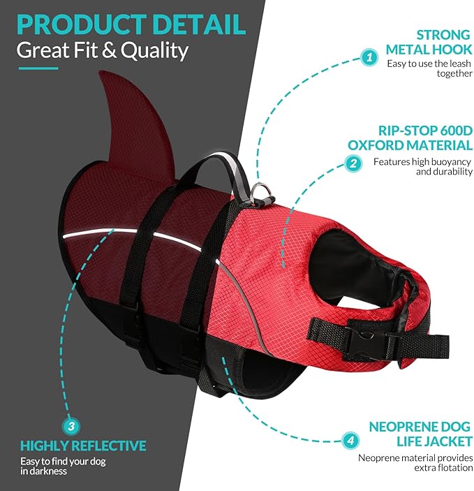 Queenmore Small Dog Life Jacket,Shark Dog Life Vest for Swimming,Puppy Light Life Preserver for Boating Kayaking Canoeing,Pet Reflective Lifesaver with High Buoyancy,Rescue Handle,Leash Hook (Red,S)