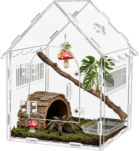 Acrylic Jumping Spider Enclosure, 8"x8"x12" Portable Tarantula Habitat with Ventilation, Clear Small Reptile Terrarium Tank for Pet Insects