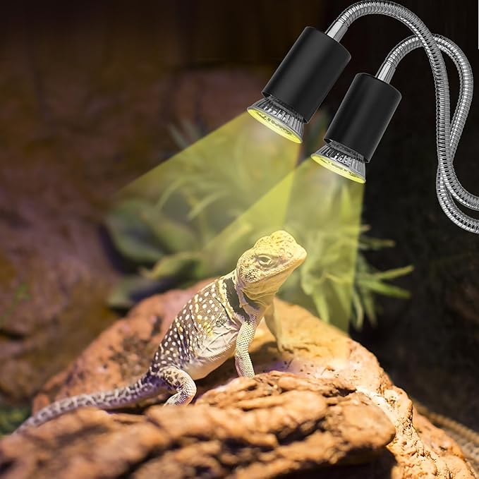 Reptile Heat Lamp, Dual-Head UVA UVB Reptile Light, Heating Lamp with Cycle Timer, Heat Lamp for Reptiles Bearded Dragon Turtle Crab Snake Lizard, Separate Control, 3 Basking Bulbs Light