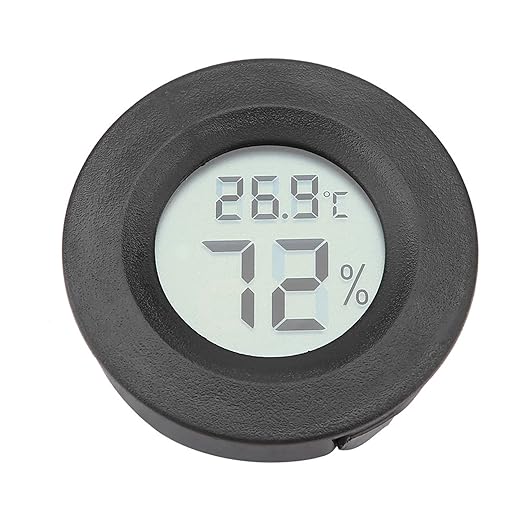 Fydun Digital Thermometer Hygrometer, LCD Temperature Humidity Mini Hygrometer Round Shape Thermometers Meter for Reptile Incubator Aquarium Poultry, Compact Size & (Black)