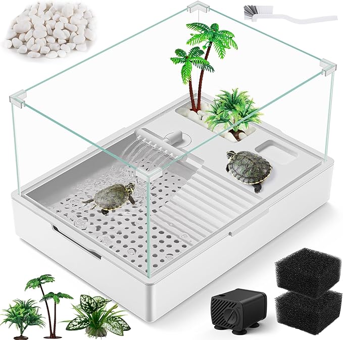 MoonOrange Large Turtle Tank Kit(Tank + Water Pump), Acrylic Turtle Tank Starter Kit with Two Rain Shower Head, Adjustable Water Pump, Higher Fences (S)