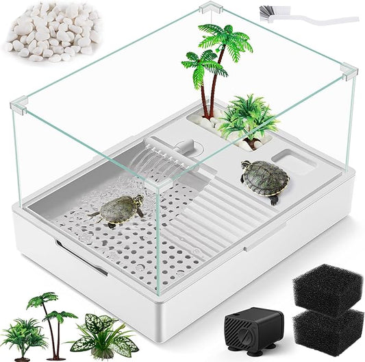 MoonOrange Large Turtle Tank Kit(Tank + Water Pump), Acrylic Turtle Tank Starter Kit with Two Rain Shower Head, Adjustable Water Pump, Higher Fences (S)