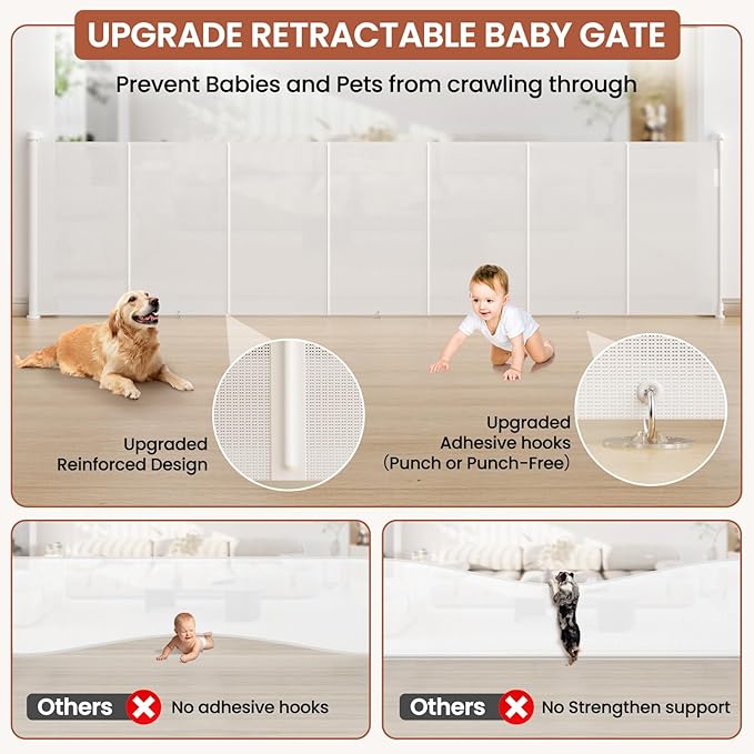 Upgrade Retractable Baby Gates Extra Wide(71" W x 42" H), 71 inch Reinforced Retractable Dog Gate to Prevent Crawling Through, Retractable Gate Outdoor/Indoor, Real One-Handed Operation, White