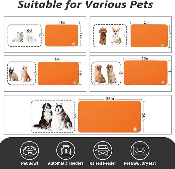 HotLive Dog Food Mat - Absorbent Cat Mat for Food and Water, No Stains Pet Feeding Bowl Mat, Easy to Clean Pet Placemats, Quick Dry Dog Water Dispenser Mat for Messy Drinkers | Paw Orange 18"x34"
