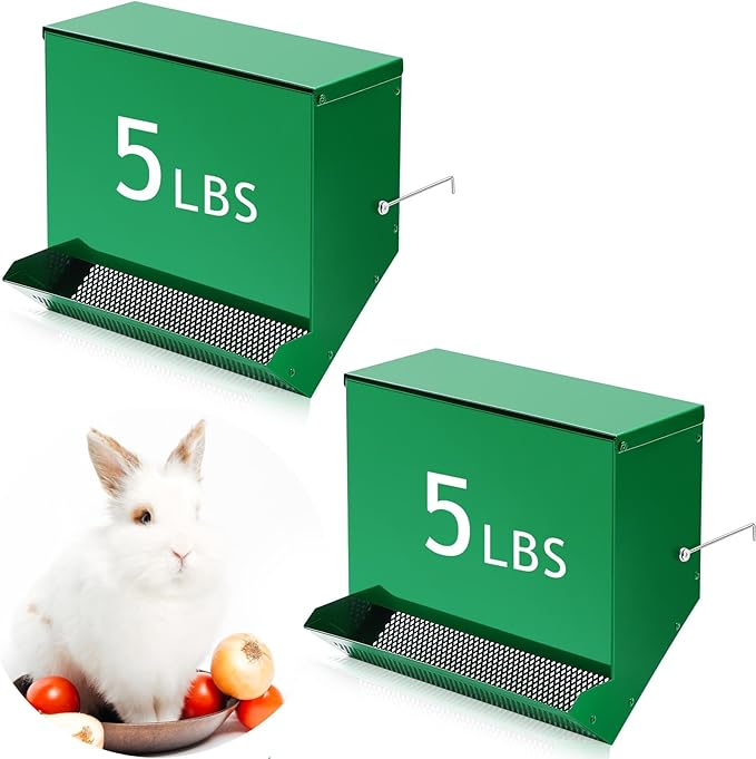Maxcheck 2 Pcs Rabbit Feeder for Cages Small Animal Food Pellet Dispenser with Lid Metal Chicken Grit Oyster Shell Squirrel Feeders Outside(11.8 Inches,Mesh Bottom,Green)