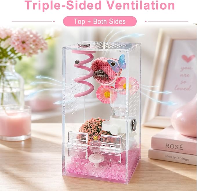 Jumping Spider Enclosure,DIY Insects Habitat,Small Reptile Terrarium Glass House Accessories Set,with Jumping Platform Hide Water Feeder (Pink B)