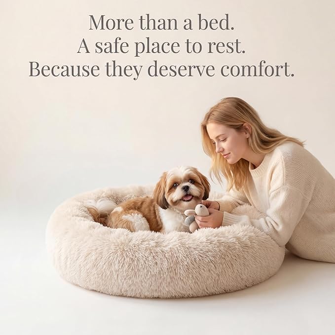 Calming Donut Dogs Beds for Small Dogs Washable,23inch Plush Round Pet Bed for Cozy Sleep,Fluffy Faux Fur Large Cat Bed,Fits up to 25 lbs Pets,Beige