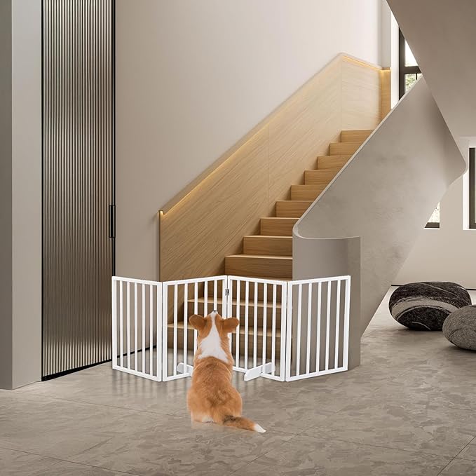 BONNLO Free Standing Dog Gate Indoor, Foldable Pet Gate for Dogs and Puppy, 24" Height Wooden Dog Gates for Doorways Extra Wide/Stairs/Hallways (White, 4 Panel)