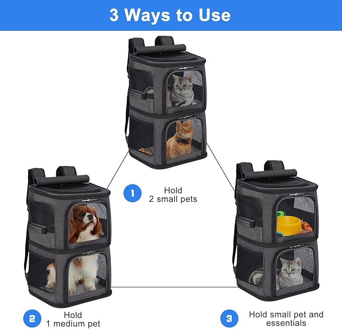 2-in-1 Double Pet Carrier Backpack for Small Cats and Dogs, Portable Pet Travel Carrier, Super Ventilated Design, Ideal for Traveling/Hiking/Camping, Black