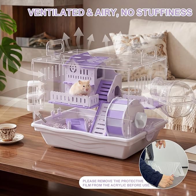 Loungewave Acrylic Hamster Cage, 2-Tier Gerbil Cage with Wooden Wheel, Small Dwarf Hamster Cage Habitat, Garden Mouse Cage for Pet Mice, Clear View Inside Easy to Clean, Purple