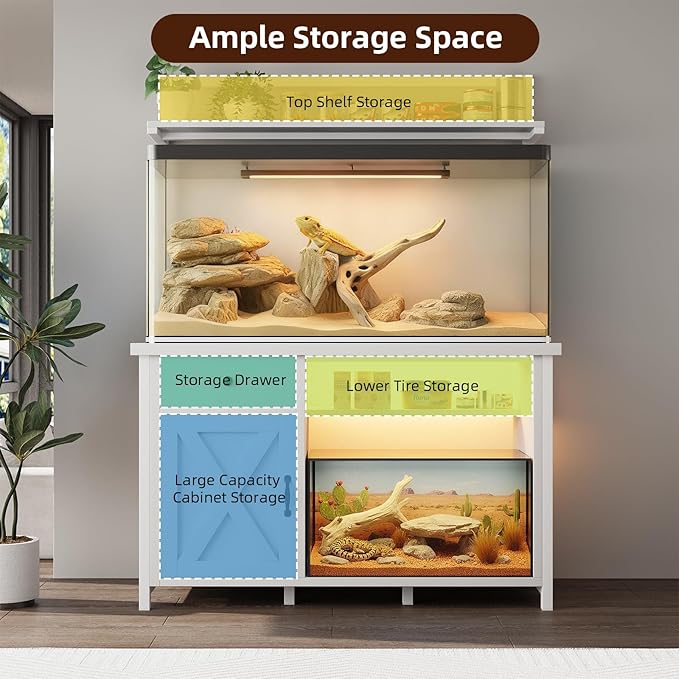 Reptile Tank Stand with Power Outlet, Terrarium Stand with Storage Cabinet, 49" X 20" Tabletop, Aquarium Stand with LED Lights, Reptile Terrarium,Turtle Tank, 1100LBS, White