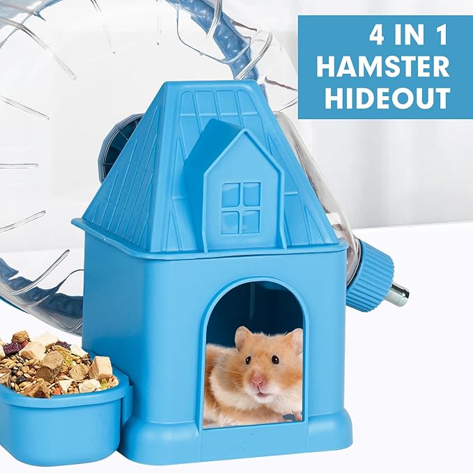 Hamster Toys 4 in 1 Multifunctional Super-Silent Exercise Toys Spinner Wheels with Water Bottle Food Container and Hideout Base Large Spinning Running Wheel for Rat Gerbils Mice (L,Blue)