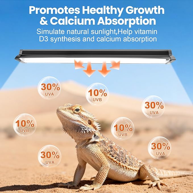 T5 HO UVB Reptile Light Fixture with 10.0 UVB Bulb, 24W High Output UVB Light for Reptiles, 22" T5 UVB Light Bar for Bearded Dragons, Tortoises, Iguanas, Desert Reptile UVB Lamp for Terrarium Lighting