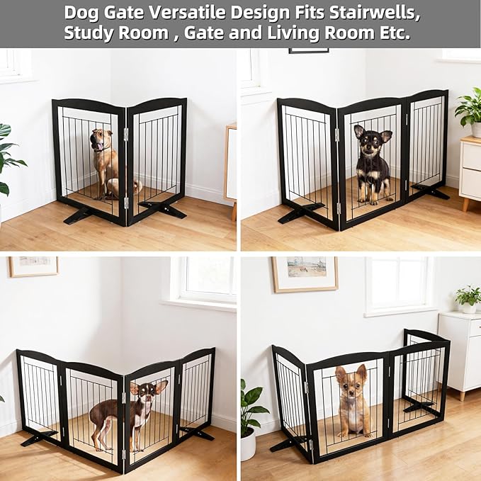 ZJSF Freestanding Dog Fence Indoor, Foldable Dog Gate for Doorways, Stairs or Hallways, Sturdy Wood Extra Wide Pet Gate with Support Feet for The House, Black, 32 "Height-2 Panels