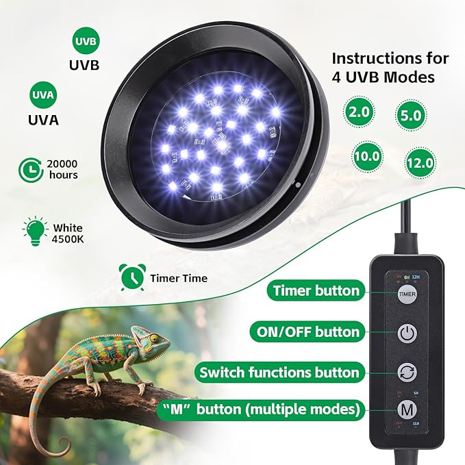 UVB Light for Reptiles with Dimming, LED UVB Light Bulb Fixture for Bearded Dragon Gecko Lizard Turtle Snake, Adjustable Brightness UVA UVB Lamp for Tropical & Desert Reptile Tank Accessories 6W Black
