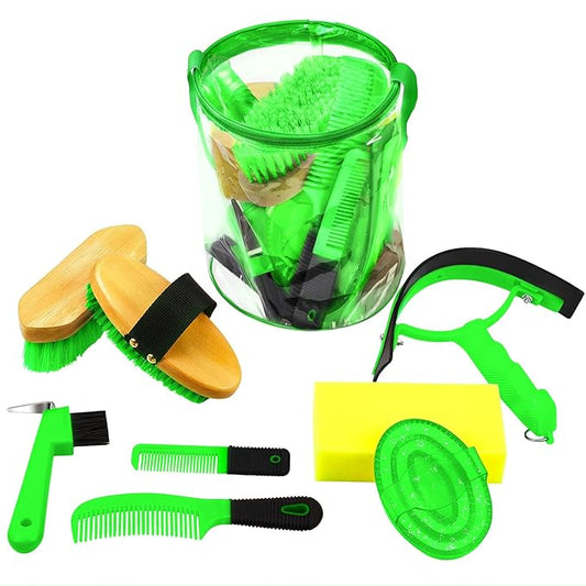 Cunhill 9 Pcs Horse Grooming Kit Tack Room Supplies Set with Tote Bag, Oval Massage Curry, Hard and Soft Brush, Hoof Pick, Sweat Scraper, Bathing Sponge, Comb for Horse Rider(Cute,Green)