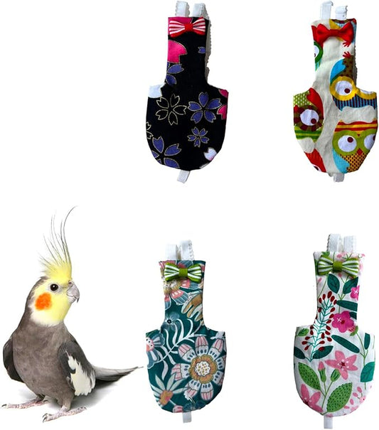 UKJENT Bird Diaper Protective Parrot Nappy - 4 Pack, Reusable Flight Suit with Waterproof Inner Layer, Washable Cute Urine Wet Suit for Cockatiel Monk Parakeet Sun Parakeet Lory(S)
