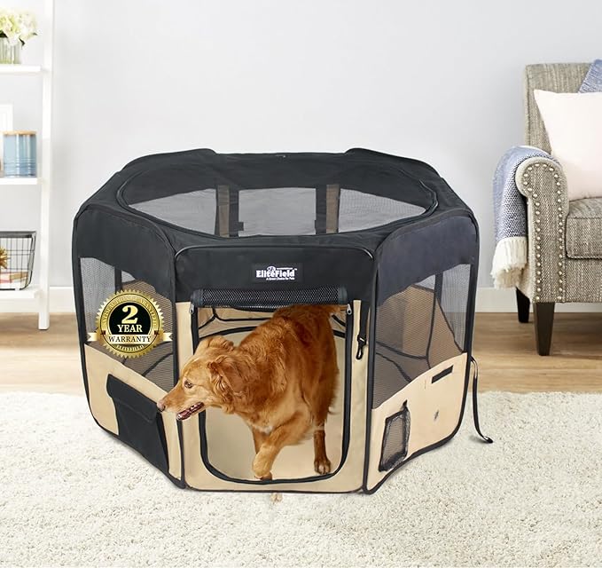 EliteField 2-Door Soft Pet Playpen (2 Year Warranty), Exercise Pen, Multiple Sizes and Colors Available for Dogs, Cats and Other Pets (62" x 62" x 36"H, Black+Beige)