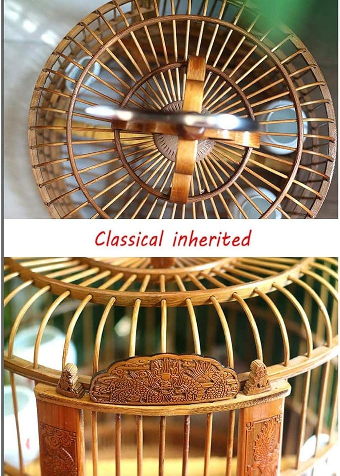 Traditional Chinese Style Bamboo Bird Cage Classic Round Carving Bird Carrier Garden Decor