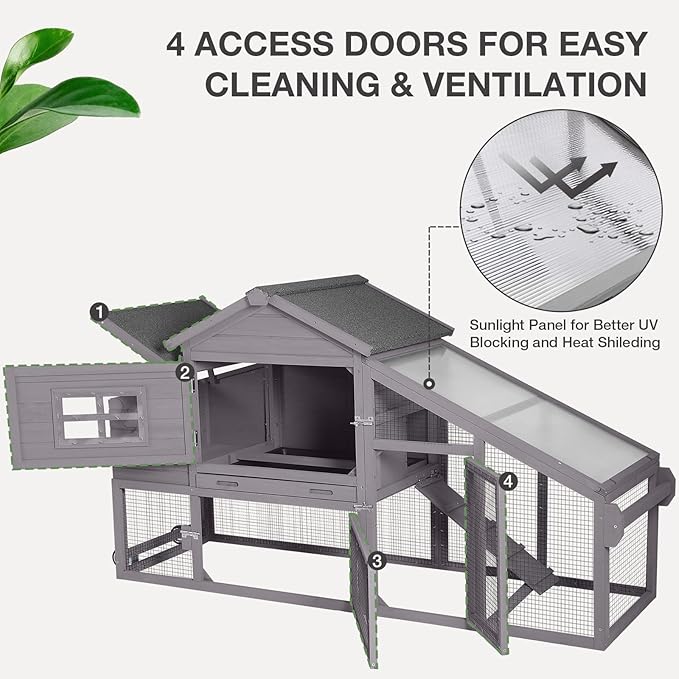 Wooden Chicken Coop with Run, Mobile Chicken House with Wheels, Outdoor Hen Poultry Cage with Leak-Proof Tray and Nesting Box, Lager Chicken Coops with UV-Resistant Roof for 2-3 Chickens (Grey)