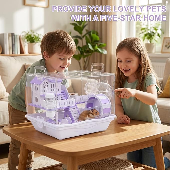 Loungewave Acrylic Hamster Cage, 2-Tier Gerbil Cage with Wooden Wheel, Small Dwarf Hamster Cage Habitat, Garden Mouse Cage for Pet Mice, Clear View Inside Easy to Clean, Purple
